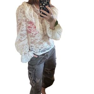 New Rachel Zoe high neck ruffled bell sleeve white  Lace Cream Blouse Sz large